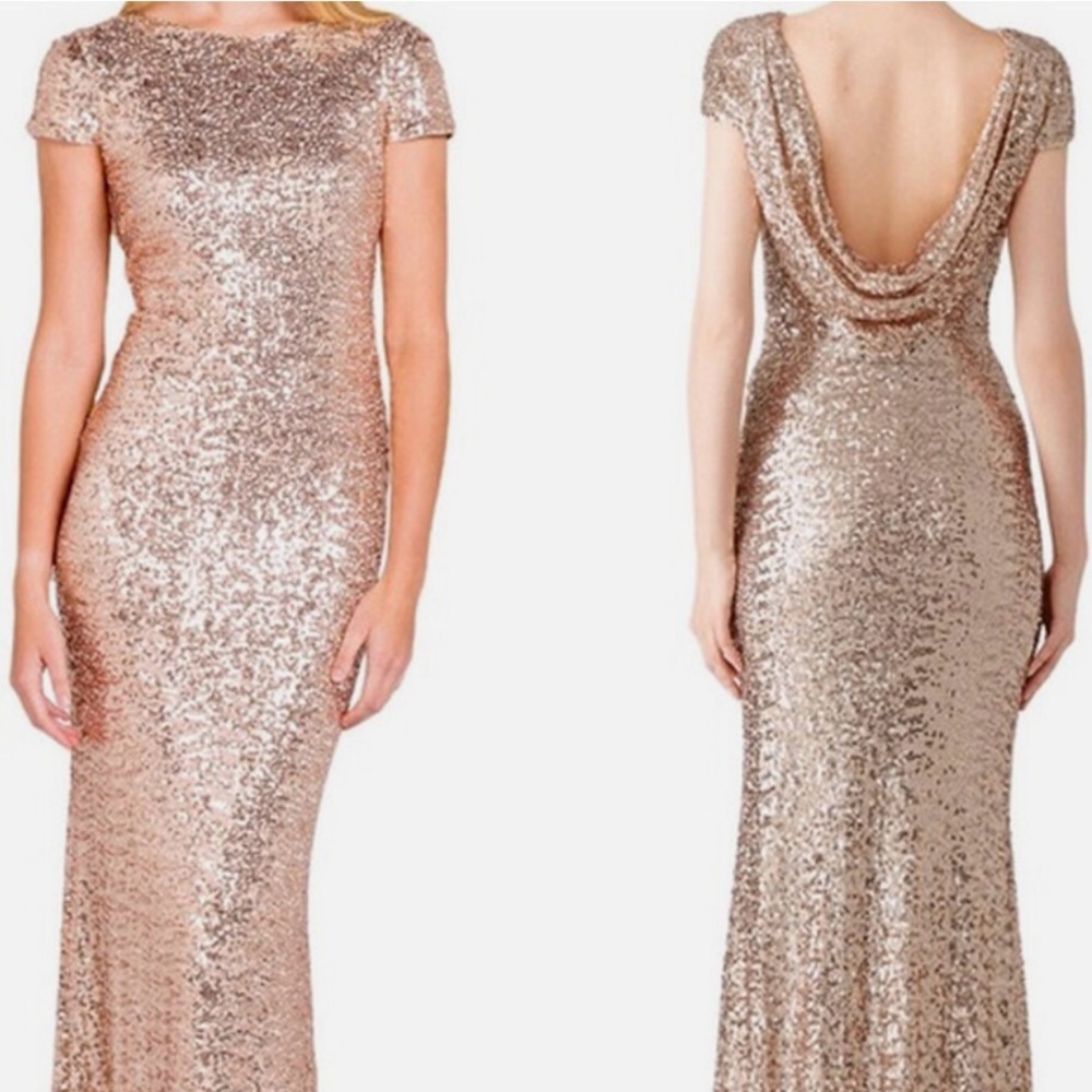 Badgley Mischka Gold Sequin Maxi Dress with open back